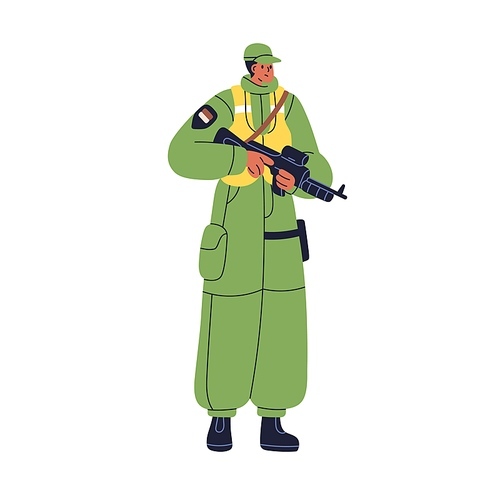 Guard with rifle. Military soldier with weapon at border. Boundary protection patrol on duty for security. Armed forces defender in uniform. Flat vector illustration isolated on white background.