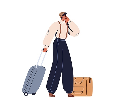 Pensive man with luggage. Tourist with suitcases, bags. Thoughtful sad passenger, traveler in difficult journey, relocation. Migrant with baggage. Flat vector illustration isolated on white background.