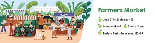 Farmers market, web banner design. Local farm vegetables and fruits at outdoor fair, marketplace promotion template. Advertising background, domestic natural produce. Flat vector illustration.