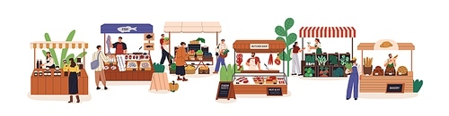 Farmers market place with local farm produce. Agriculture fair, marketplace. People buying domestic organic products at vendor stalls. Flat graphic vector illustration isolated on white background.