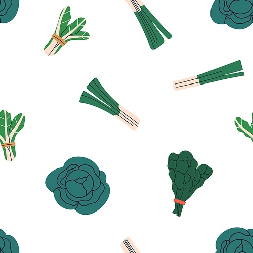 Green leafy vegetable pattern. Seamless background, vegetarian healthy fresh food. Organic farm eating, cabbage, chard, scallion. Repeating print, natural texture design. Flat vector illustration.