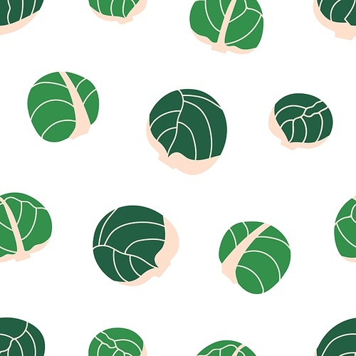 Seamless cabbage pattern. Green vegetable, endless background design for fabric, wallpaper and wrapping. Healthy fresh farm food, Brussels sprout, repeating print, texture. Flat vector illustration.