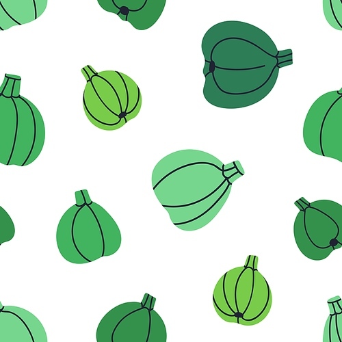 Green pumpkin, seamless pattern. Natural vegetable, organic farm food, endless background, texture. Repeating print for fabric, textile, wallpaper and wrapping paper design. Flat vector illustration.