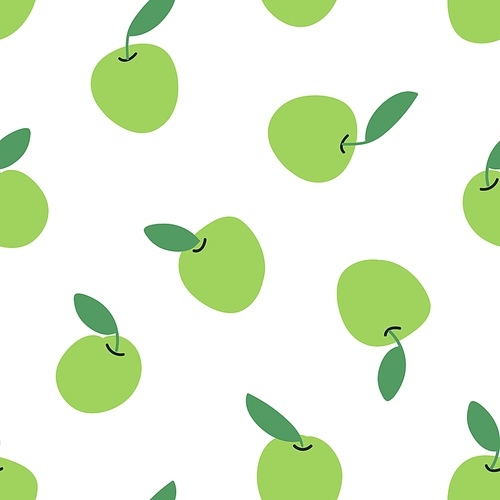 Seamless apple pattern. Fresh green fruits, endless background, texture design for fabric, wallpaper and wrapping. Repeating print, natural summer food. Printable repeatable flat vector illustration.