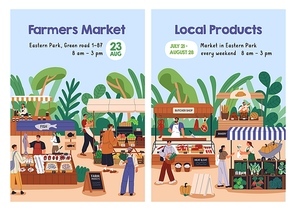 Farmers market, advertising poster design. Local farm vegetables, fruits at outdoor festival, fair. Eco marketplace, domestic produce, promotion flyer cards, templates. Flat vector illustration.