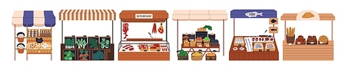 Farmers market stalls set. Booths, counters with fresh vegetables, natural fruits, organic produce, bread and bakery, butcher shop, fish kiosks. Flat vector illustration isolated on white background.