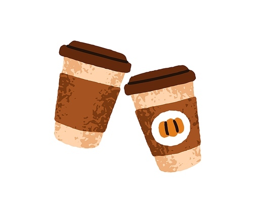 Takeaway coffee cups, two takeout paper cardboard mugs. Pumpkin spiced latte, take-away hot autumn morning drinks. Take-out fall cappuccino. Flat vector illustration isolated on white background.