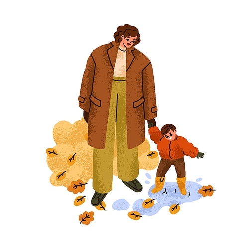 Kid jumping in puddle, walking with mother in autumn wet rainy weather. Happy mom and cute son boy strolling in fall season day, childs fun. Flat vector illustration isolated on white background.