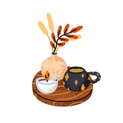 Cozy autumn decor. Fall leaf in vase, hygge candle and warm tea cup on wooden tray. Hot seasonal drink in mug, leaves, home interior decoration. Flat vector illustration isolated on white background.