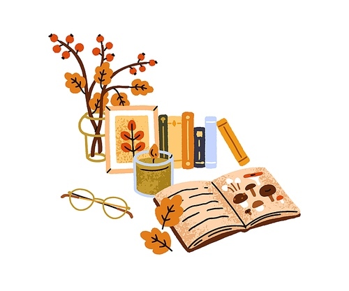 Cozy autumn season with notebook, herbarium, fall leaf, warm candle, glasses, books and botanical composition in vase. Hygge time at home. Flat vector illustration isolated on white background.