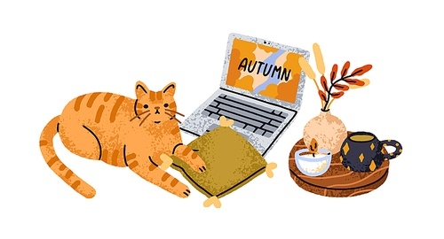 Autumn leisure at home with laptop computer, cute cat, cozy cushion, tea cup, candle, leaf decoration in vase. Fall season mood, hygge time. Flat vector illustration isolated on white background.