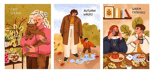 Autumn cards set. Cozy fall leisure, hygge time, poster designs. People with friends, pets, family outdoor, at home, at cafe. Vertical backgrouns, autumnal season vibe, mood. Flat vector illustration.