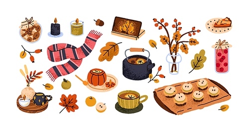 Autumn set. Cozy fall collection. Seasonal food, drink, leaf, decoration. Hygge elements, hot tea, warm pie, homemade pastries, candle and scarf. Flat vector illustration isolated on white background.