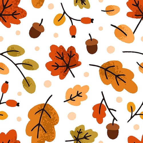 Fall leaf, seamless pattern. Autumn foliage, acorns, endless forest background, texture design. Repeating nature print, falling leaves. Flat vector illustration for fabric, textile and wrapping.