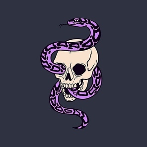 Skull with coiled snake, death and danger symbol. Creepy spooky retro tattoo art design. Dead skeleton, head bone with serpent. Mystical haunting hand-drawn vintage graphic vector illustration.