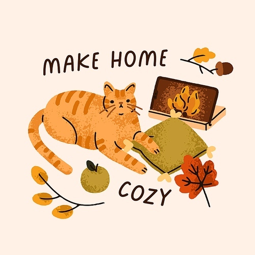 Cozy autumn card, home with cute cat enjoying by fireplace. Warm seasonal square background, postcard design. Hygge relaxing time, fall comfort with kitty, pillow and fire. Flat vector illustration.