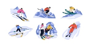 Skiers at ski resort set. People sliding downhill, down slope. Extreme sport, freeride, jumping on snowy winter holiday outside, outdoors. Flat graphic vector illustration isolated on white background.