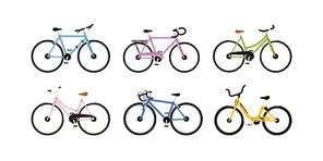 Bicycles set. Different mountain bikes collection. Eco-friendly sport cycles, urban road wheel transport, MTB. Sustainable city vehicles. Flat vector illustration isolated on white background.