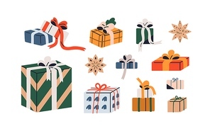 Gift boxes set. Holiday presents wrapped in festive paper wrapping, decorated with ribbon bows, strings and twines. Surprises in giftboxes. Flat vector illustrations isolated on white background.