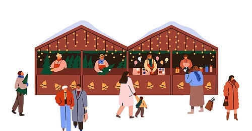 People shopping at Christmas market. Outdoor stalls, festive kiosks, winter holiday fair. Families, merchants, vendors at Xmas marketplace. Flat vector illustration isolated on white background.