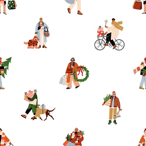 People on Christmas street, seamless pattern. Happy characters with gifts on winter holiday, endless background design, repeating print. Flat vector illustration for wrapping, textile, decoration.