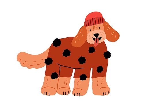 Cute dog in canine clothes, wearing warm sweater and winter hat. Funny labradoodle doggy in knitwear. Happy puppy in knitted wool apparel. Flat vector illustration isolated on white background.