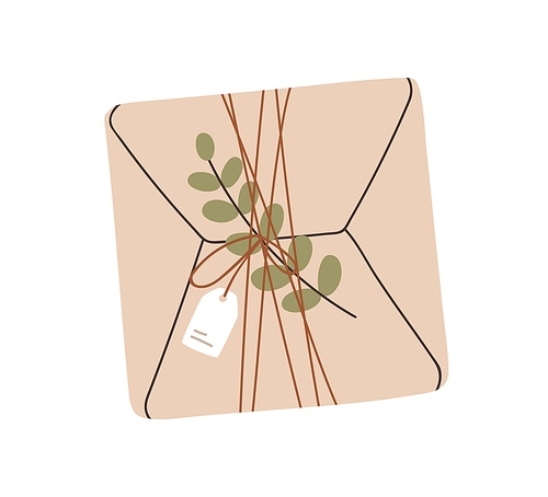 Kraft gift box with leaf plant, branch decoration. Holiday present in eco paper wrapping with string, twig and tag. Surprise package. Flat graphic vector illustration isolated on white background.