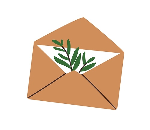 Open kraft envelope with paper letter, greeting card and leaf plant. Mail, post with postcard and natural decoration, branch, twig, leaves. Flat vector illustration isolated on white background.