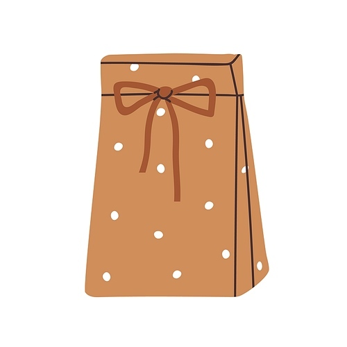 Gift in kraft paper bag. Holiday present in craft package, tied with string bow, rope, twine decoration. Modern surprise wrapping, pack design. Flat vector illustration isolated on white background.