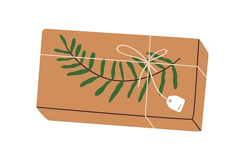 Gift box in kraft paper wrapping. Present design with leaf plant, branch decoration. Surprise in cardboard package with twig and tag. Flat graphic vector illustration isolated on white background.