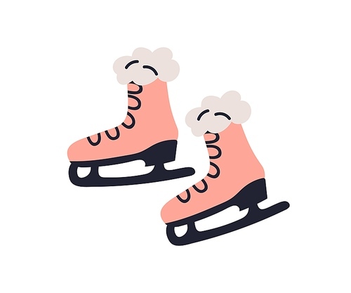 Ice skates, women winter shoes on blades. Skaters boots pair with fur for figure skating in retro vintage style. Flat vector illustration isolated on white background.