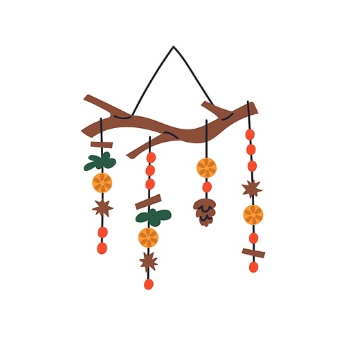 Christmas decoration, wooden tree branch with hanging natural ornaments. DIY Xmas adornment, winter holiday decor with cinnamon, cones, orange. Flat vector illustration isolated on white background.