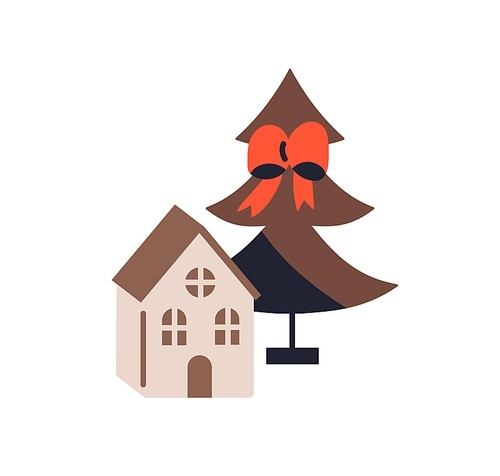 Cardboard paper house and fir tree. Wooden toy home and Christmas fir. Xmas and New Year decorations. Cozy DIY decor for winter holiday. Flat vector illustration isolated on white background.