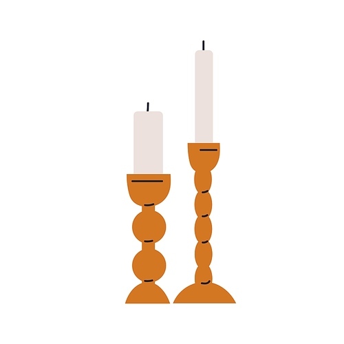 Pillar cylinder candles in candlesticks, holders. Unlit wax poles, tall pillars in candleholders. Cozy home decoration, romantic decor. Flat vector illustration isolated on white background.