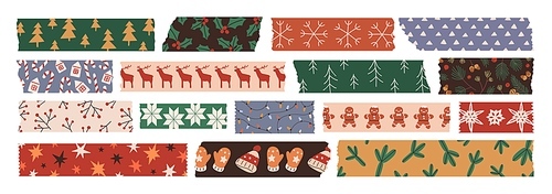 Christmas tapes set. Scotch stripes with winter holiday patterns. Xmas masking duct strips, adhesive ribbons with snowflakes, gingerbread print. Flat vector illustrations isolated on white background.