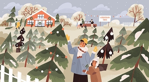 People choosing and buying firtrees at local seasonal Christmas tree farm in winter. Family at eco-friendly outdoor Xmas market or plantation. Colorful flat textured vector illustration.