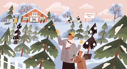 Happy people at seasonal Christmas tree farm with growing firtrees. Family choosing and buying fresh fir at Xmas market or plantation on winter holiday. Colorful flat textured vector illustration.