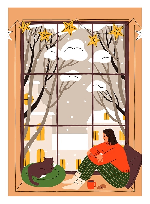 Woman and cute cat on cozy windowsill at home. Person and kitty sitting, watching through window on winter holiday, leisure time, Christmas eve. Vertical Xmas vacation card. Flat vector illustration.