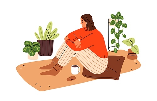 Woman relaxing at cozy home on winter holiday. Young girl in warm socks, sitting on floor with tea mug. Female alone with coffee cup, plants. Flat vector illustration isolated on white background.