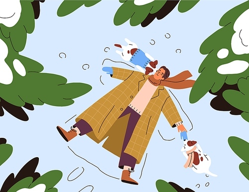 Happy winter holiday. Dog owner lying in forest, making snow angel, enjoying snowy weather. Funny male character with puppies in nature at wintertime, Christmas vacation. Flat vector illustration.