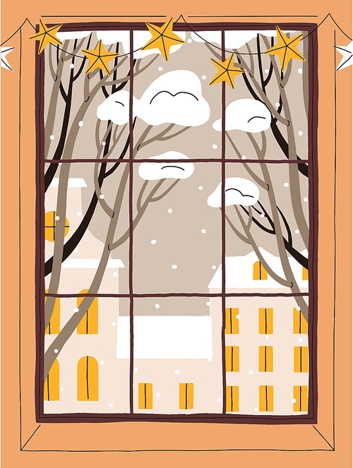 View from window, home. Winter landscape, cold snowy weather in town. House buildings and trees in snow. Cozy calm wintertime holiday, frost from warm room, apartment. Flat vector illustration.