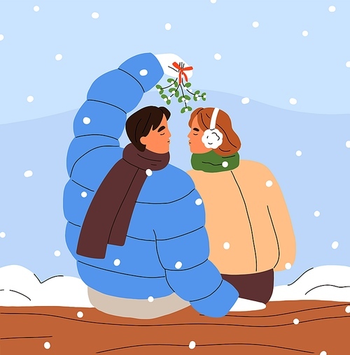 Love couple at winter date outdoors. Romantic man in woman kissing in park, nature in cold snow weather, wintertime. Happy valentines characters in snowy time, snowfall. Flat vector illustration.