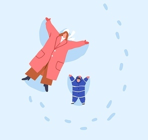 Mom and kid making angel, lying on snow on winter vacation. Mother and child shaping snowy wings in cold weather. Outdoor fun in frost. Woman and cute funny baby in snowdrift. Flat vector illustration.