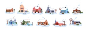 Cozy village houses on winter holiday. Small country homes, little countryside buildings exterior with chimney and roofs covered with snow. Flat vector illustrations isolated on white background.