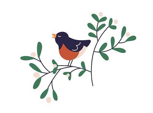 Cute bird on winter berry branch, singing song. Little bullfinch singer on snowberry tree twig with leaves, tweeting birdsongs. Flat vector illustration isolated on white background.