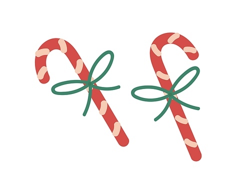 Candy canes. Christmas peppermint sticks, sweet Xmas dessert. Holiday confection, striped candycane with string bow. Winter caramel snack. Flat vector illustration isolated on white background.