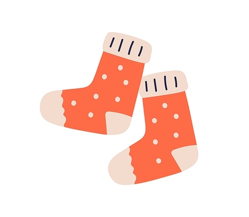 Warm winter socks pair. Cozy soft wool feet wearing. Knitted woolen accessory, legs garment for cold season. Cute Christmas foot clothes. Flat vector illustration isolated on white background.