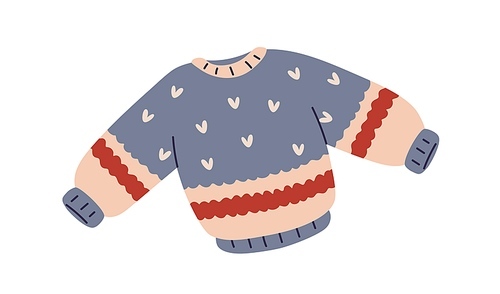 Knitted wool sweater. Warm soft woolen pullover. Winter clothes, knitwear with print, pattern. Cozy garment for cold weather, season. Flat vector illustration isolated on white background.