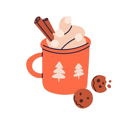 Hot cocoa mug with chocolate cookies. Warm cacao cup, winter drink with whipped cream and cinnamon sticks. Sweet tasty Christmas beverage. Flat vector illustration isolated on white background.