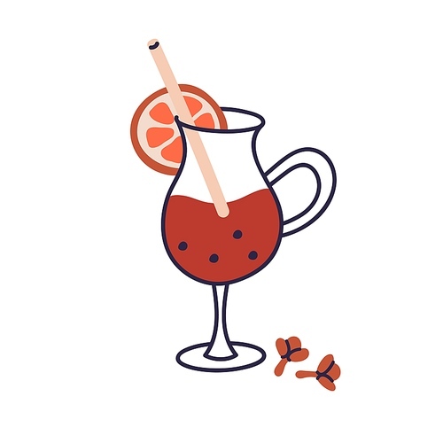 Mulled wine, hot winter drink in wineglass. Warm Christmas beverage in glass with orange slice, clove and straw. Spiced alcohol, gluhwein. Flat vector illustration isolated on white background.